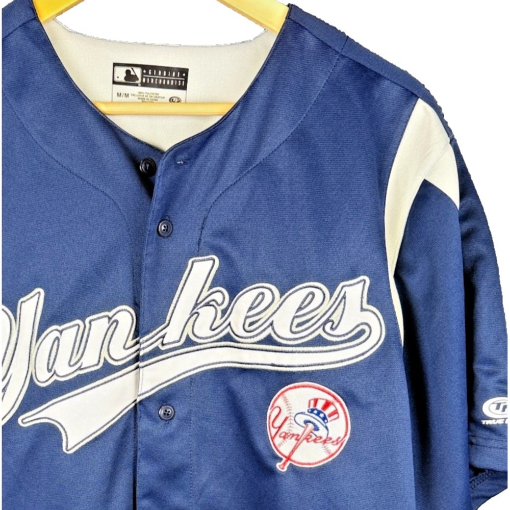 True Fan MLB New York Yankees Baseball Jersey Mens Medium Navy Embroidered Sewn